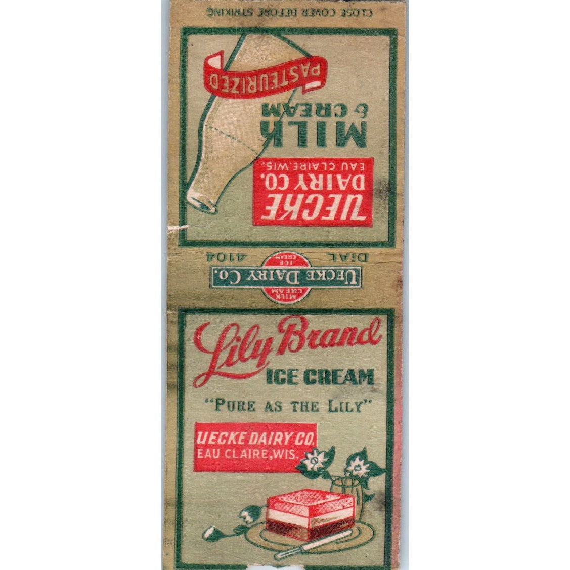 Uecke Dairy Co Eau Claire Lily Brand Ice Cream Vintage Matchbook Cover SD2-Y15