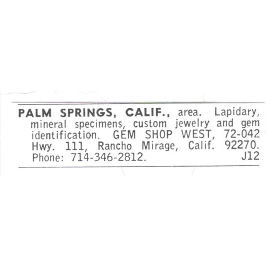 Gem Shop West Lapidary Supply Palm Springs California 1972 Ad AF8-S26