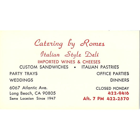 Catering by Romes Italian Style Deli Long Beach CA Business Card SSB4-B13
