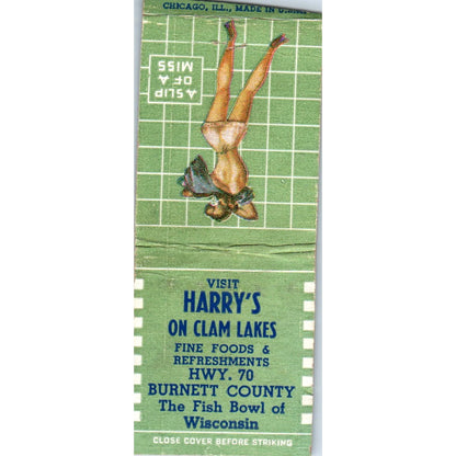Harry's On Clam Lakes Burnett County WI Pinup Vintage Matchbook Cover SD2-Y7