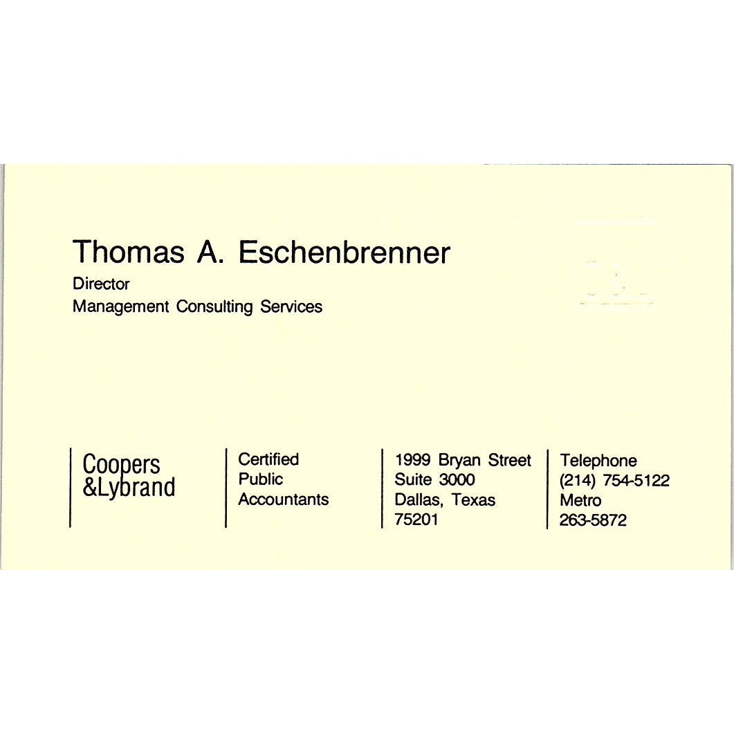 Thomas A Eschenbrenner Coopers & Lybrand CPA Dallas Vintage Business Card SD9-B1