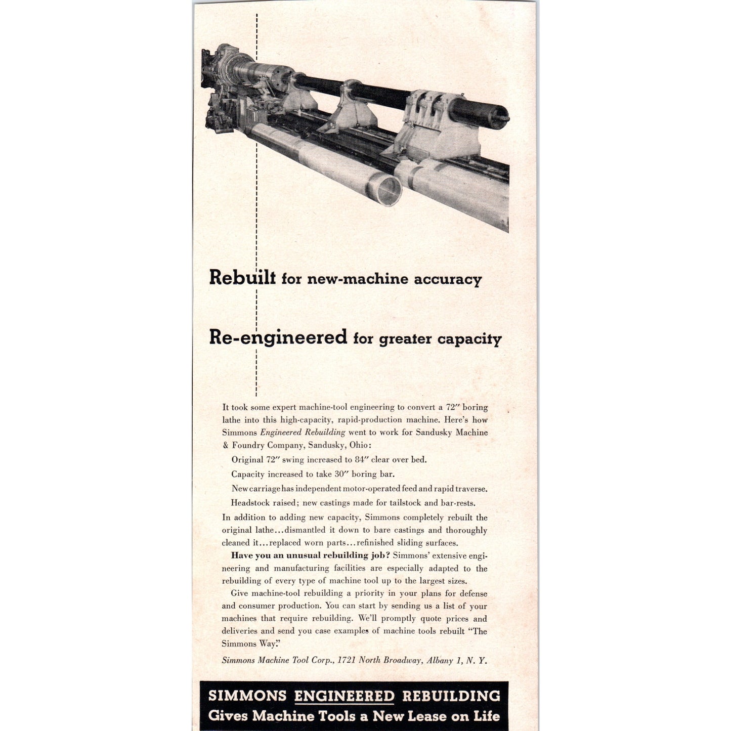 Simmons Machine Tool Corp Albany NY Engineered Rebuilding 1951 Magazine Ad D17