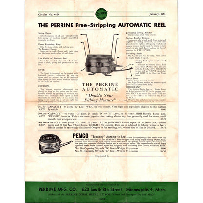1951 The Perrine Free-Stripping Automatic Reel Leaflet Minneapolis MN K23
