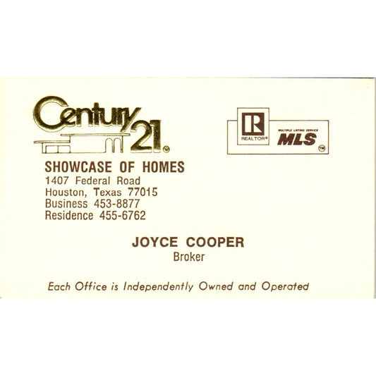 Joyce Cooper Showcase of Homes Century 21 Realty Houston TX Business Card SD4-B5