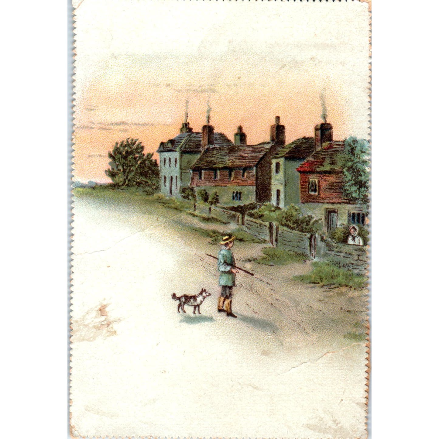 Boy and Dog Illustration c1880 Die Cut Victorian Card 3.25x5" AB9