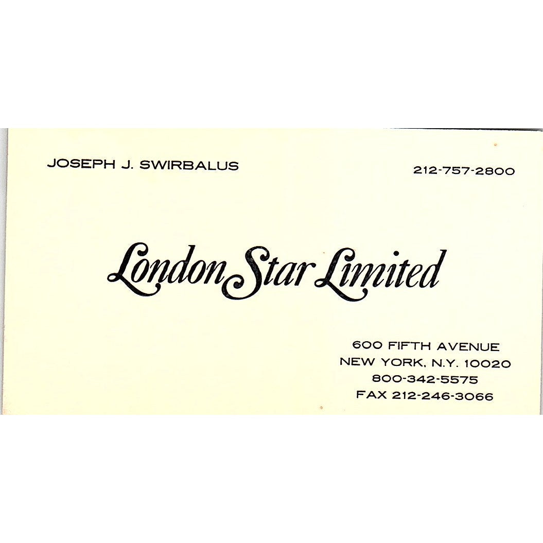 Joseph J Swirbalus London Star Limited New York Vintage Business Card SC9-B9
