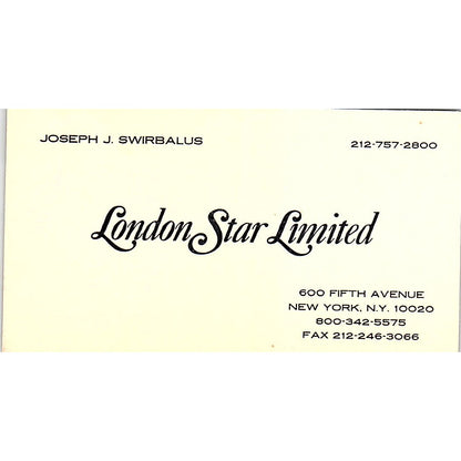 Joseph J Swirbalus London Star Limited New York Vintage Business Card SC9-B9