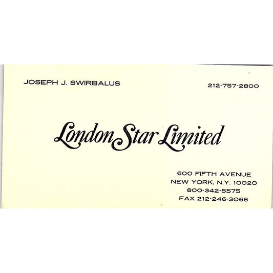 Joseph J Swirbalus London Star Limited New York Vintage Business Card SC9-B9