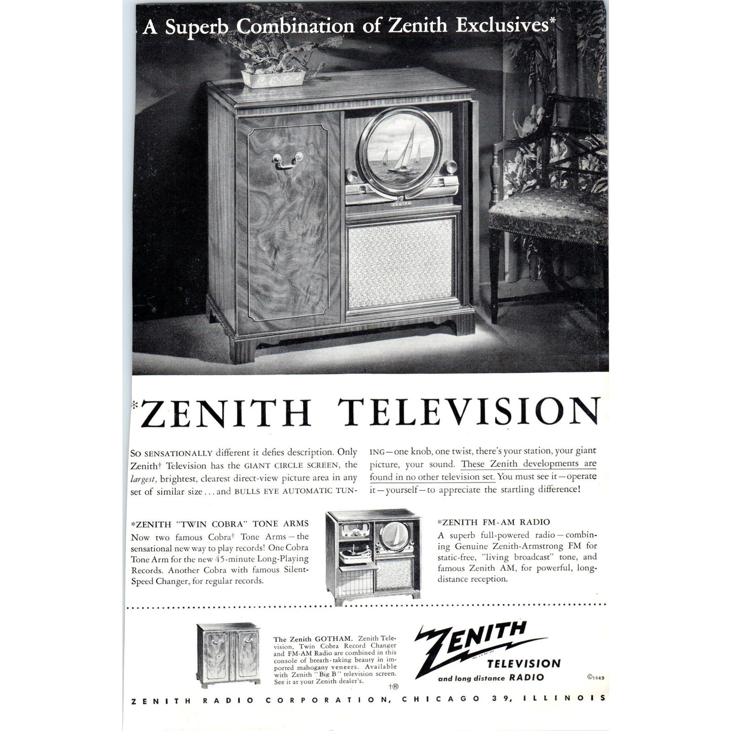 Zenith Gotham Cabinet Television TV Teleset - Vintage Magazine Ad D20