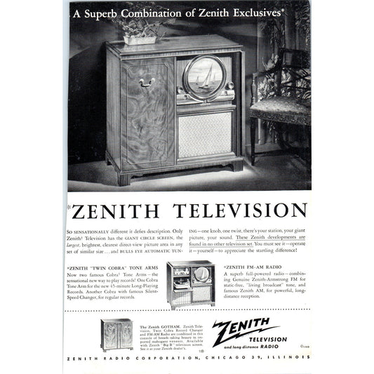 Zenith Gotham Cabinet Television TV Teleset - Vintage Magazine Ad D20