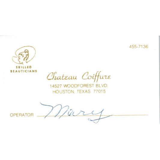 Chateau Coiffure Salon Mary Houston Vintage Business Card SD8-B11