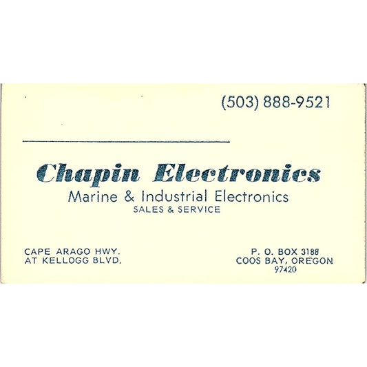 Chapin Marine & Industrial Electronics Cos Bay Oregon Business Card SF3-B8