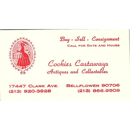 Cookies Castaways Antiques Bellflower CA Vintage Business Card SD9-B2