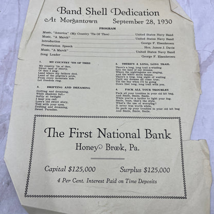 Program of United States Navy Band 1930 Morgantown Bandshell Dedication PA D22