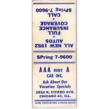 AAA Rent A Car Inc Chicago IL Vintage Matchbook Cover SD2-Y14