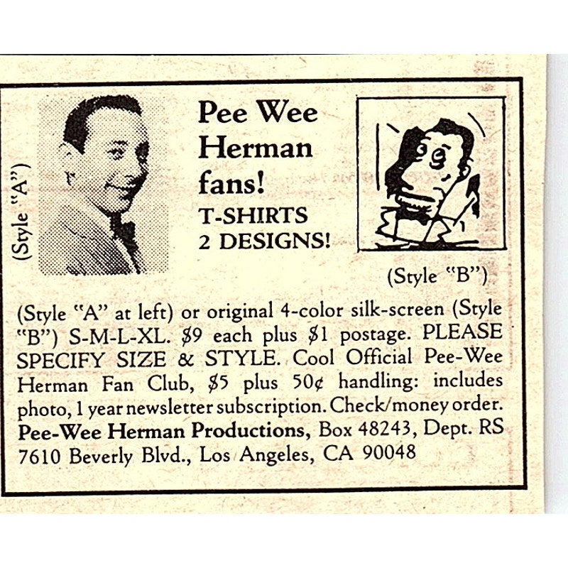 Pee Wee Herman Production T-Shirts Los Angeles CA 1984 Ad AF8-M4