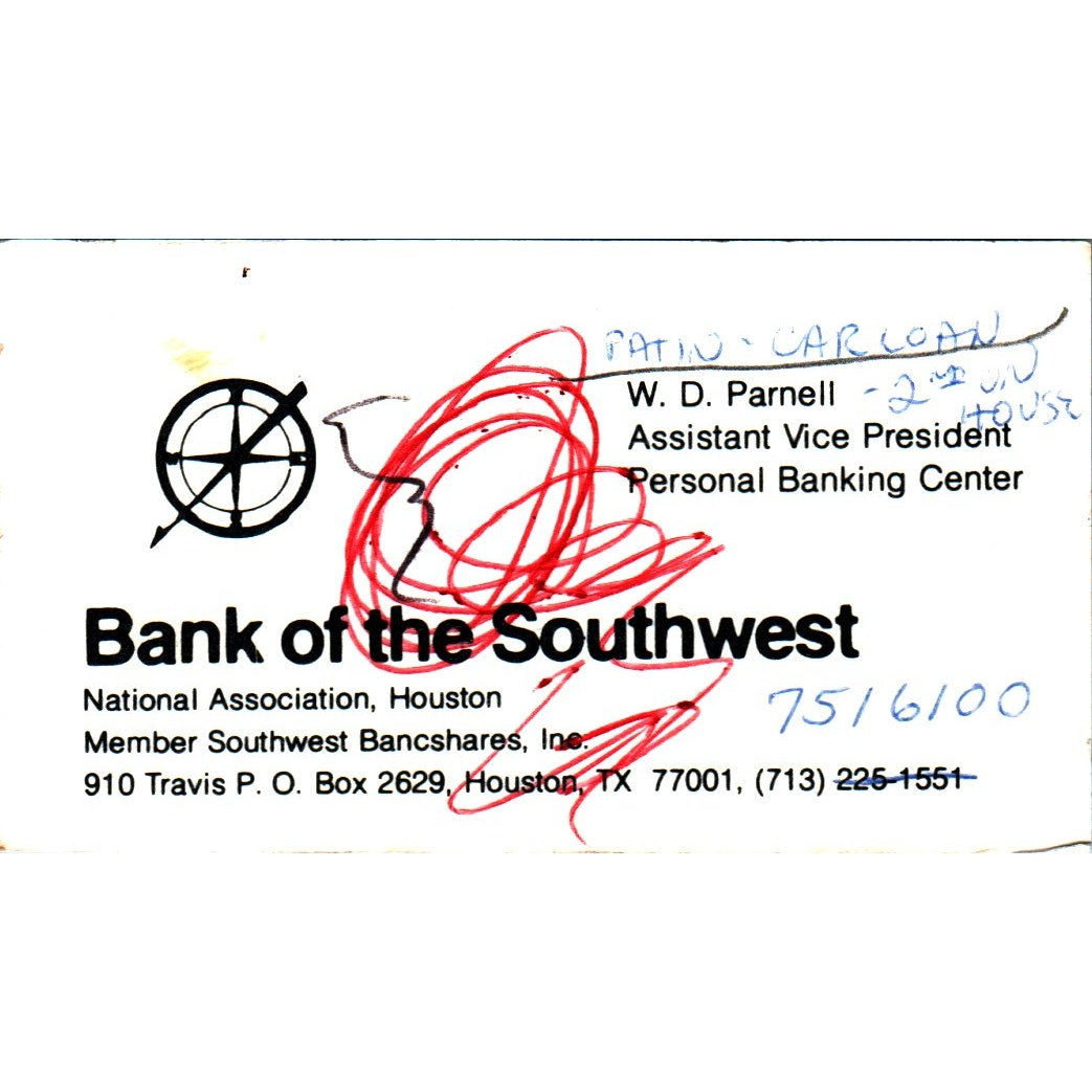 W.D. Parnell Bank of the Southwest Houston Vintage Business Card SE3-B9