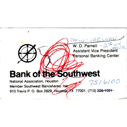 W.D. Parnell Bank of the Southwest Houston Vintage Business Card SE3-B9