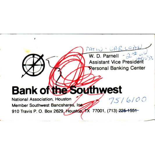 W.D. Parnell Bank of the Southwest Houston Vintage Business Card SE3-B9