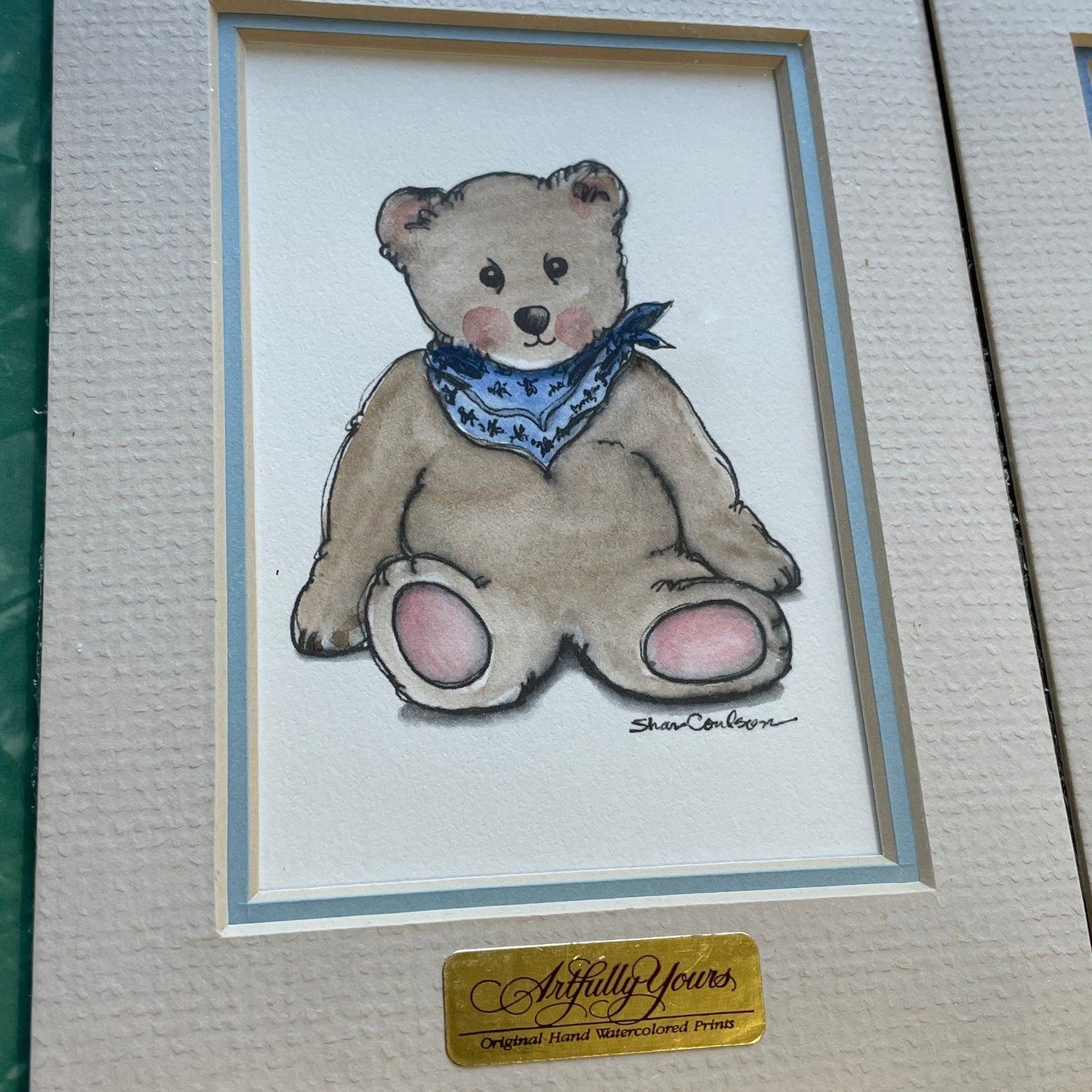 Teddy Bear Blue Accents 5x7 Matted Print Hand Watercolor, Signed Shar Coulson