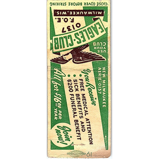 Eagles Club F.O.E. 0137 Milwaukee WI Vintage Matchbook Cover SC7-Y8