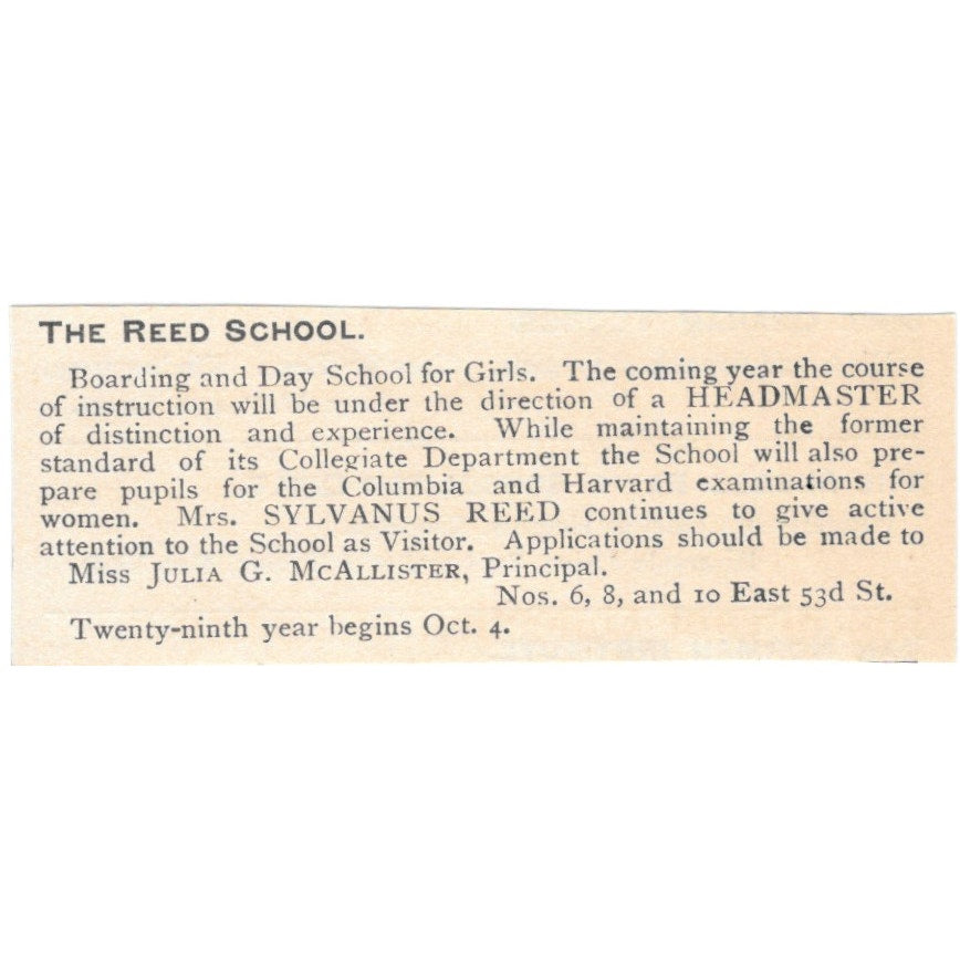 The Reed School Julia G. McAllister Sylvanus Reed 1892 Magazine Ad AK6-S2