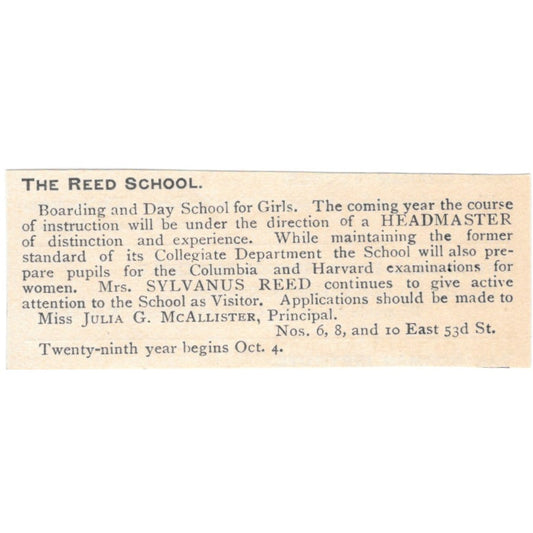 The Reed School Julia G. McAllister Sylvanus Reed 1892 Magazine Ad AK6-S2