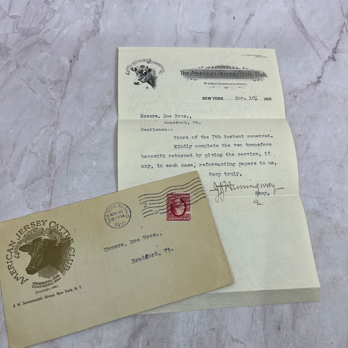 1910 American Jersey Cattle Club NY Envelope and Letterhead TH2-Y1