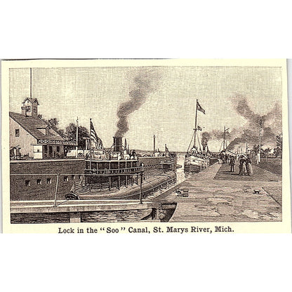 Lock in the Soo Canal St. Marys River MI 3x4" 1901 Engraving AF6-M11