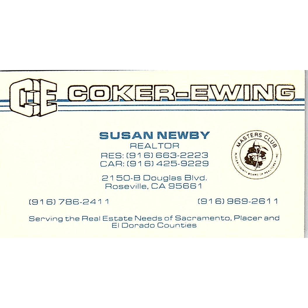 Susan Newby Coker-Ewing Realtor Roseville CA Vintage Business Card SC9-B5