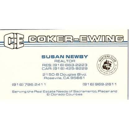 Susan Newby Coker-Ewing Realtor Roseville CA Vintage Business Card SC9-B5