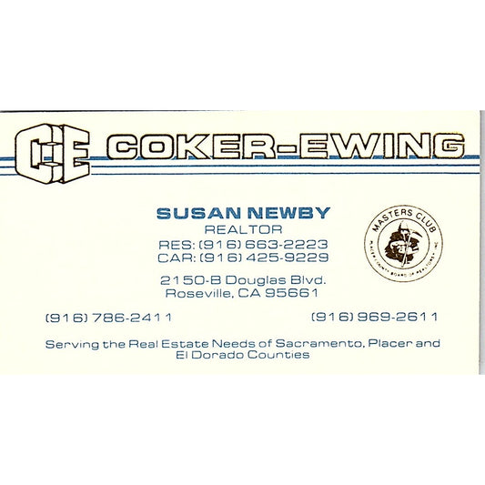 Susan Newby Coker-Ewing Realtor Roseville CA Vintage Business Card SC9-B5