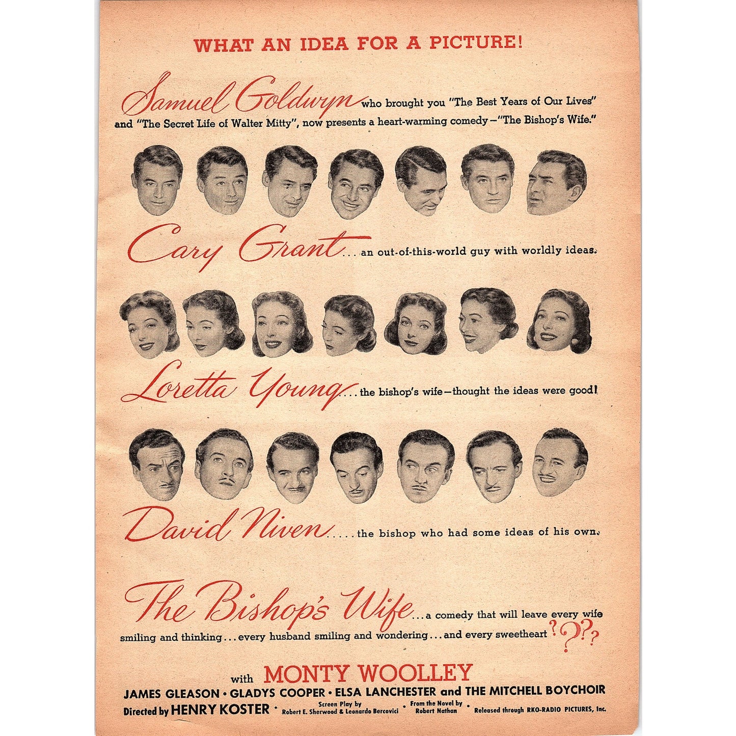The Bishop's Wife - Cary Grant, Loretta Young, David Niven 1948 Ad AF8-1