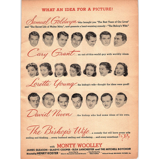 The Bishop's Wife - Cary Grant, Loretta Young, David Niven 1948 Ad AF8-1
