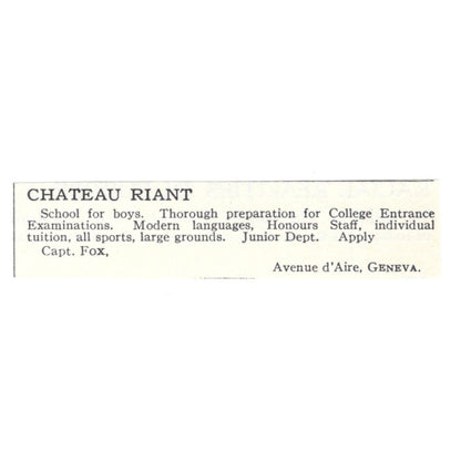 Chateau Riant Boys School Capt. Fox Geneva 1924 Magazine Ad AD8-O9