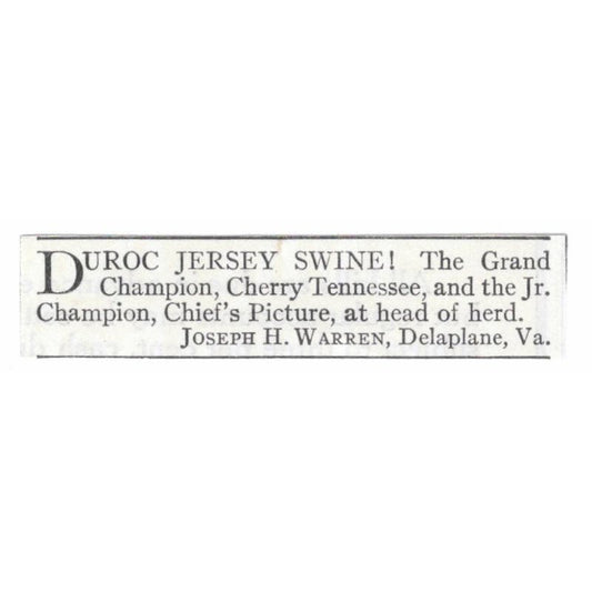 Duroc Jersey Swine Joseph H. Warren Delplane VA 1913 Magazine Advert AE7-N8