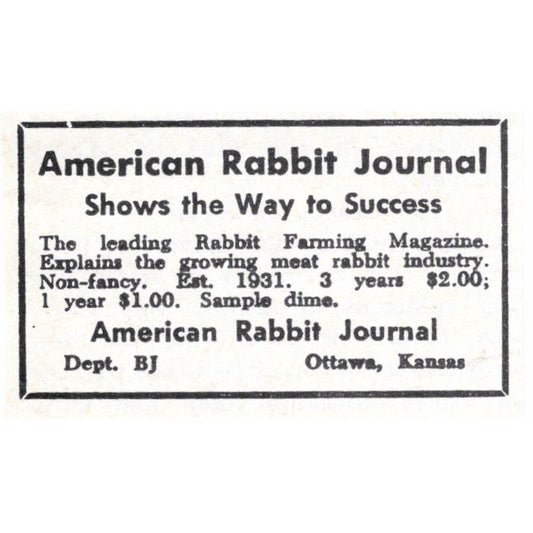 American Rabbit Journal Ottawa Kansas 1964 Magazine Ad AK6-S15