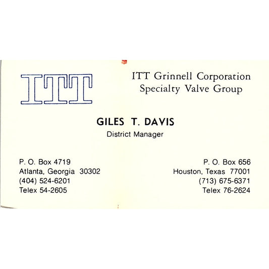 Giles T Davis Atlanta GA ITT Grinnell Corp Vintage Business Card SE5-B1
