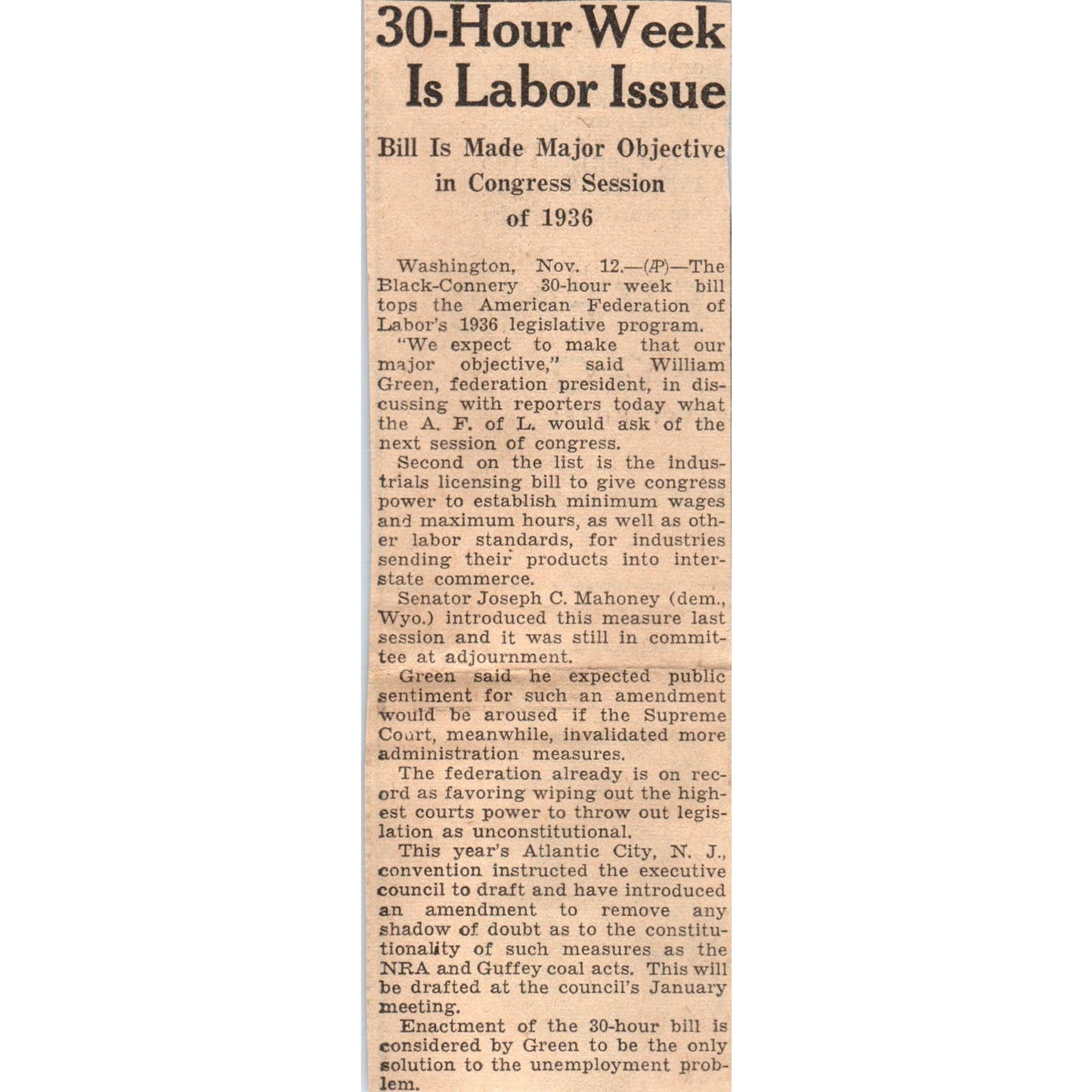 Black-Connery 30 Hour Workweek Bill 1935 Minneapolis Journal Article AE7-N5