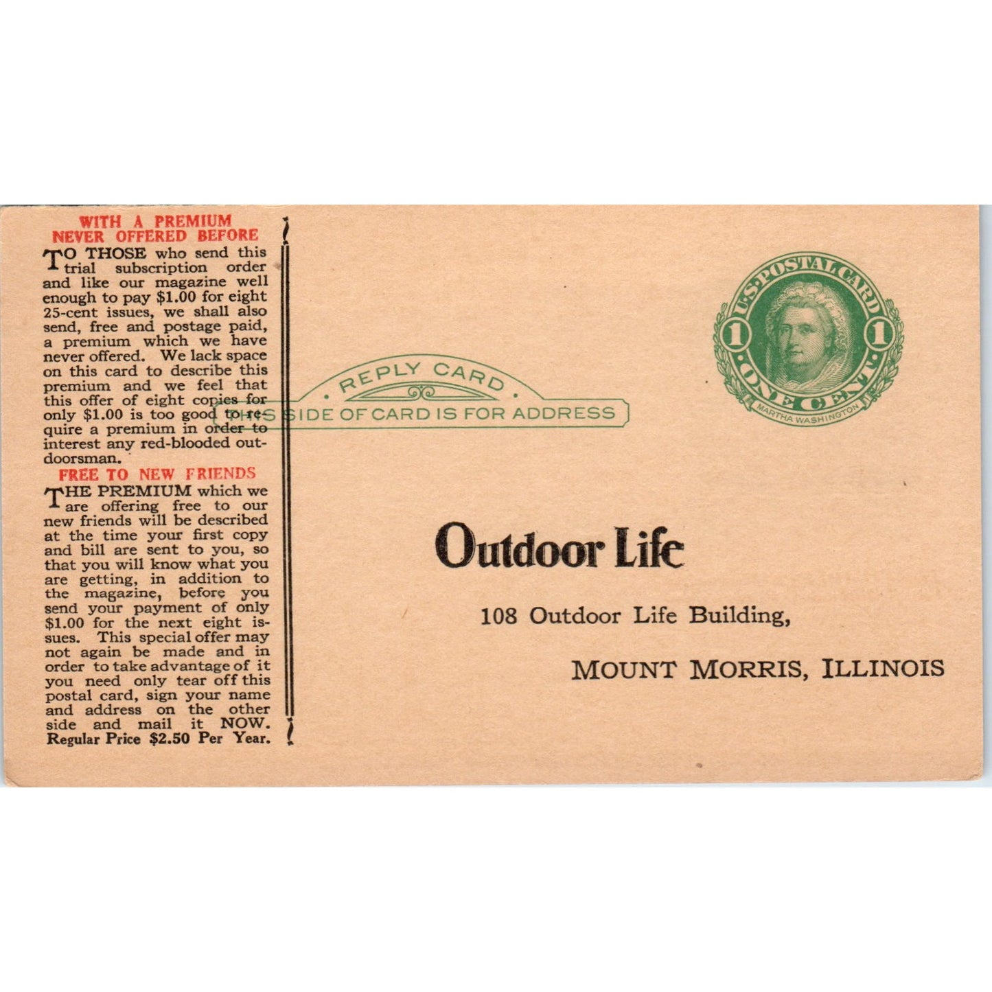 Outdoor Life Magazine Mount Morris Illinois Postal Mailing Card PE7