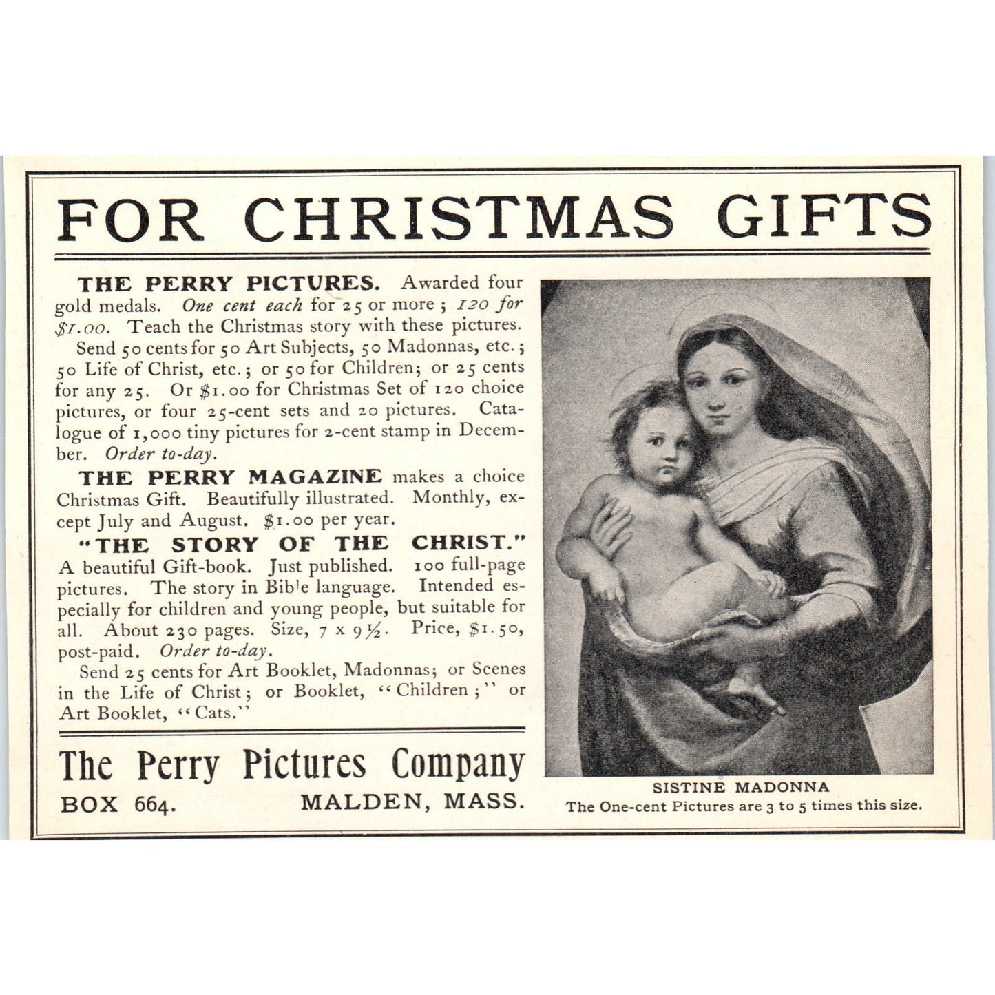Perry Pictures Christmas Gifts Sistine Madonna Malden c1905 Victorian Ad AE9-MA1