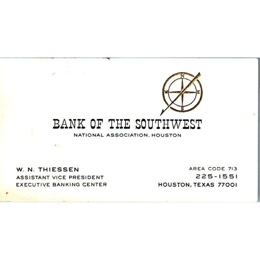 W.N. Thiessen Bank of the Southwest Houston Vintage Business Card SE3-B9