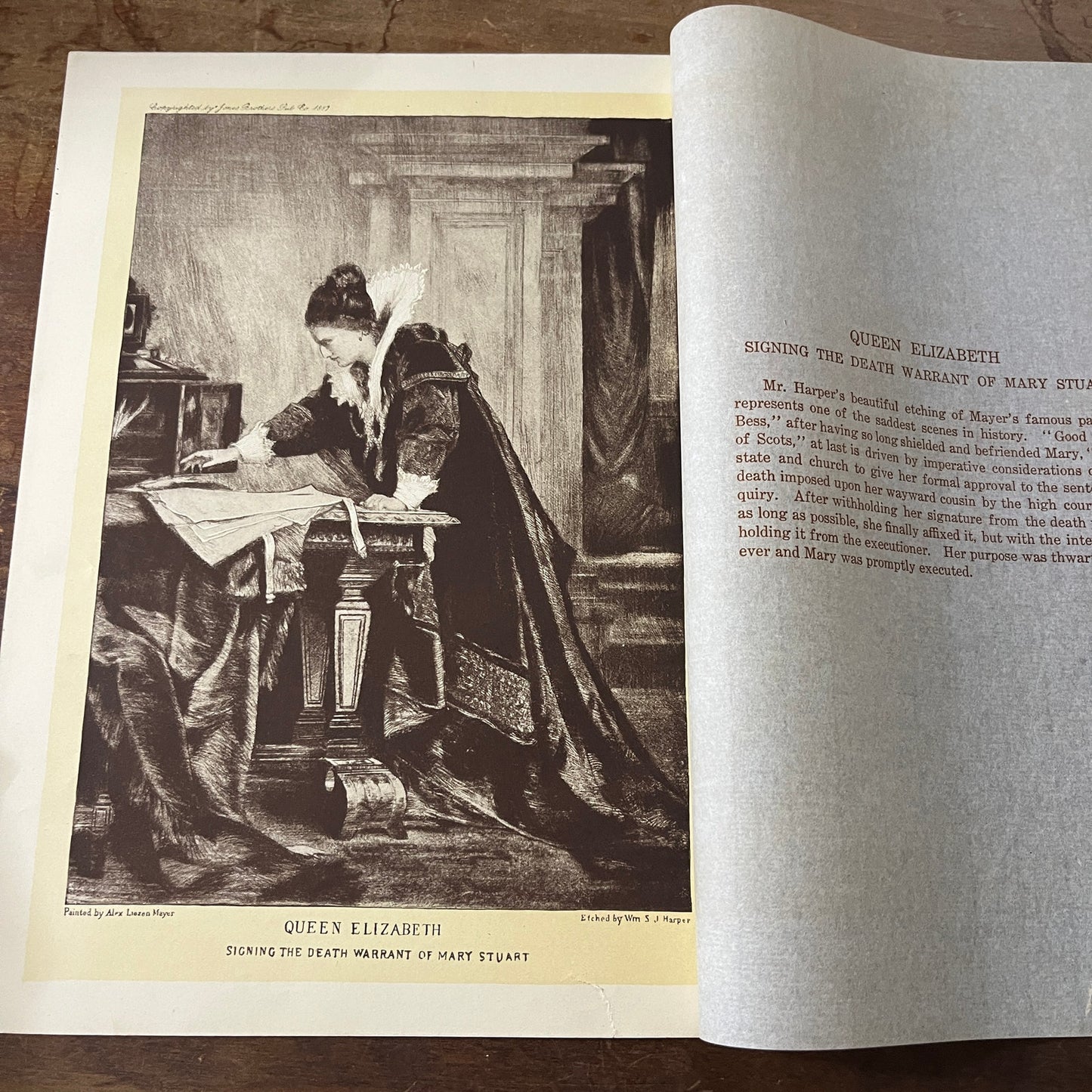 Queen Elizabeth Signing Death Warrant of Mary Stuart 1911 Engraving Print D19