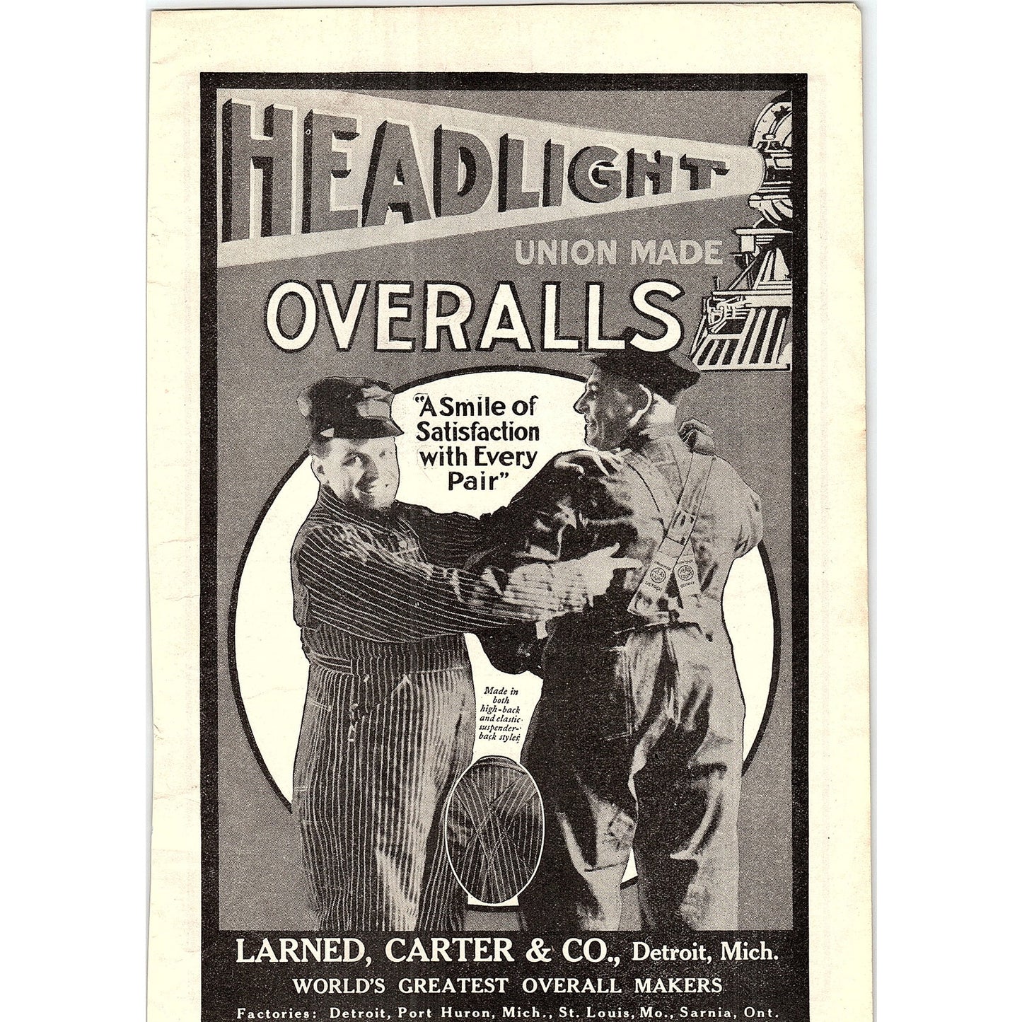 Headlight Overalls - Larned, Carter & Co Detroit MI 1914 Original Ad AF3-2