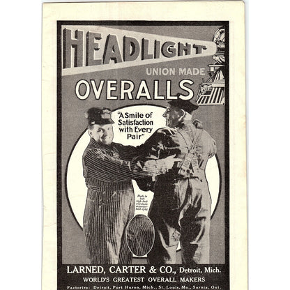 Headlight Overalls - Larned, Carter & Co Detroit MI 1914 Original Ad AF3-2
