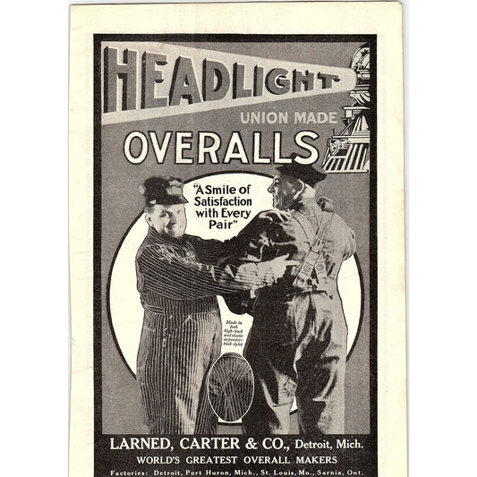 Headlight Overalls - Larned, Carter & Co Detroit MI 1914 Original Ad AF3-2