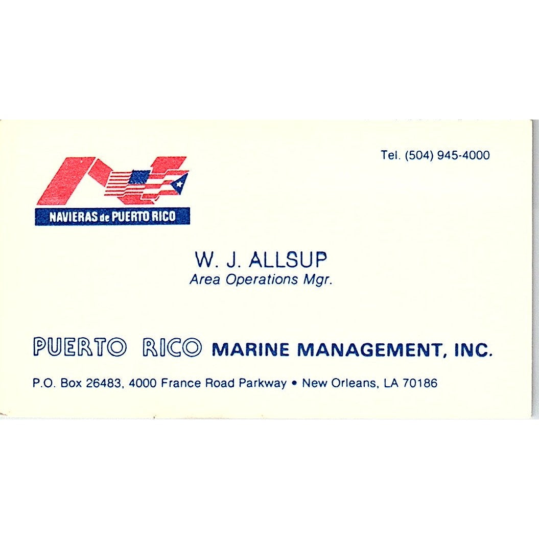 W.J. Allsup Puerto Rico Marine Management New Orleans LA Business Card SD9-B9