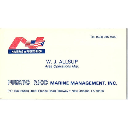 W.J. Allsup Puerto Rico Marine Management New Orleans LA Business Card SD9-B9
