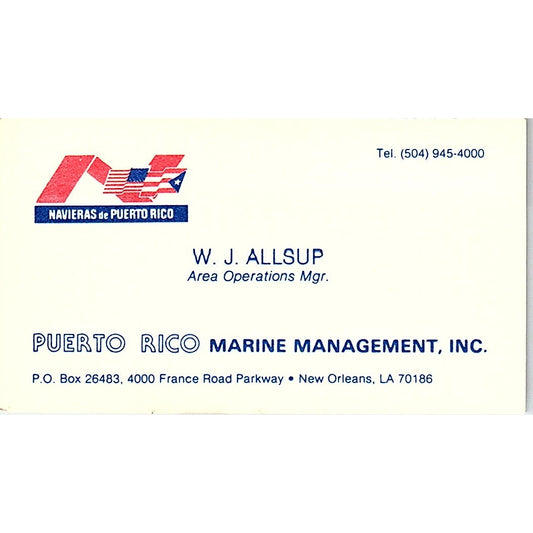 W.J. Allsup Puerto Rico Marine Management New Orleans LA Business Card SD9-B9