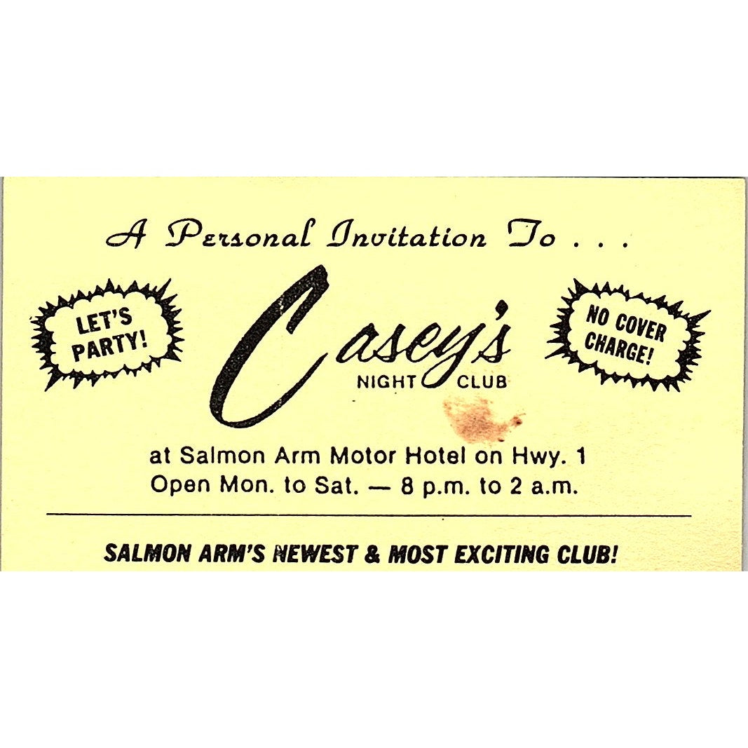 Casey's Night Club at Salmon Arm Motor Hotel Vintage Business Card SD9-B5